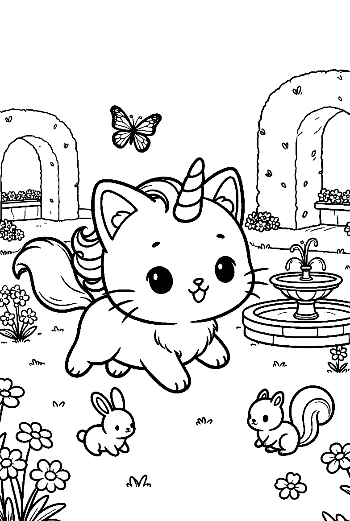 Caticorn Kitten Exploring a Garden with Butterflies Cute Coloring Page Printable