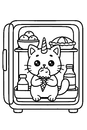 Cute Caticorn Kitten Holding an Ice Cream Cone Dessert Coloring Page Printable