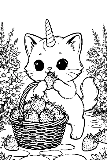 Cute Caticorn with a Basket of Fruit in the Meadow Floral Coloring Page Printable