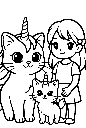 Girl with Magical Unicorn Cats Outline