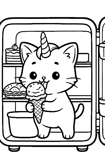 Happy Caticorn Eating a Sundae Cone Near the Fridge Sweet Coloring Page Printable