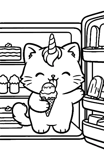Unicorn Cat Enjoying an Ice Cream Treat Indoors Adorable Coloring Sheet Printable