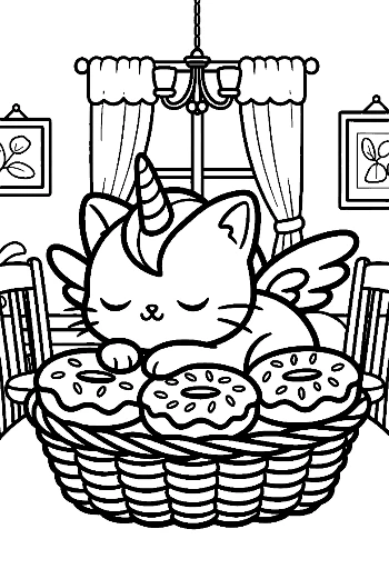 Unicorn Cat Sitting with Its Paws Tucked and a Magic Horn Printable