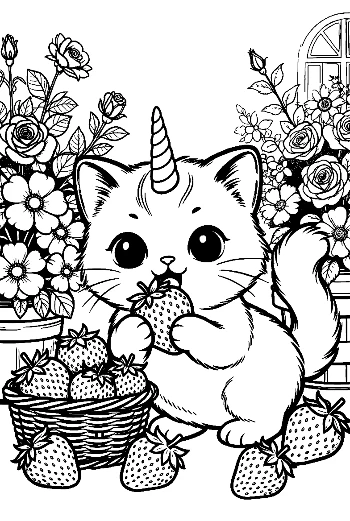 Unicorn Kitten Munching on a Delicious Strawberry Garden Coloring Sheet Printable