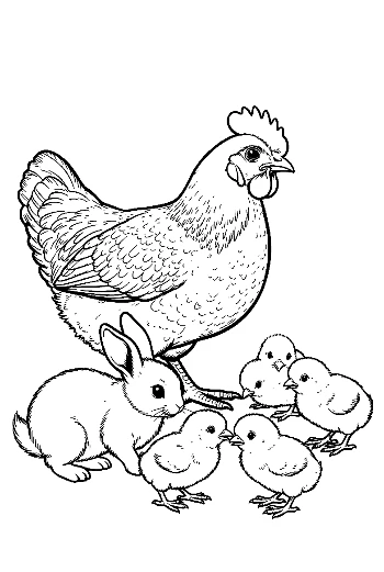 Mother Hen and Bunny with Chicks