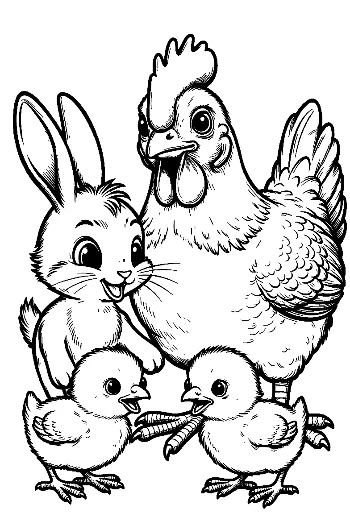 แม่ไก่และลูกกระต่ายกับลูกไก่