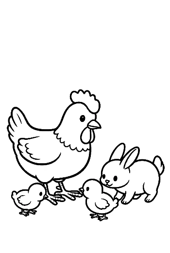 Mother Hen and Bunny with Cute Chicks