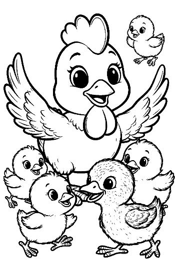 Henne und Küken in freudiger Umarmung