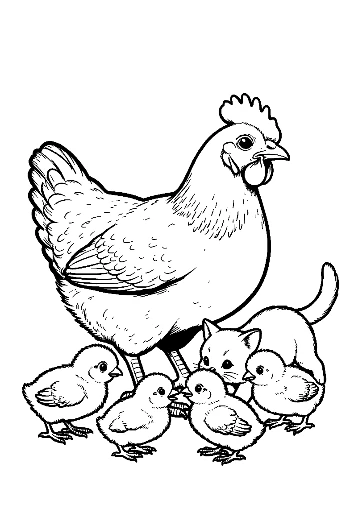 แม่ไก่กับลูกไก่และลูกแมว