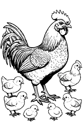 ครอบครัวไก่ตัวผู้และลูกไก่ผู้ภาคภูมิใจ