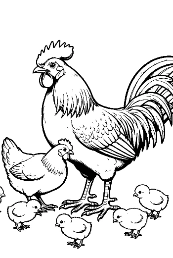 ไก่ตัวผู้และไก่ตัวเมียผู้ภาคภูมิใจพร้อมลูกไก่