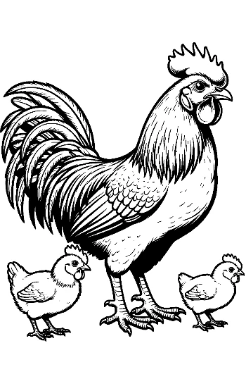 ไก่ตัวผู้ผู้ภาคภูมิใจกับลูกไก่ตัวน้อยน่ารัก