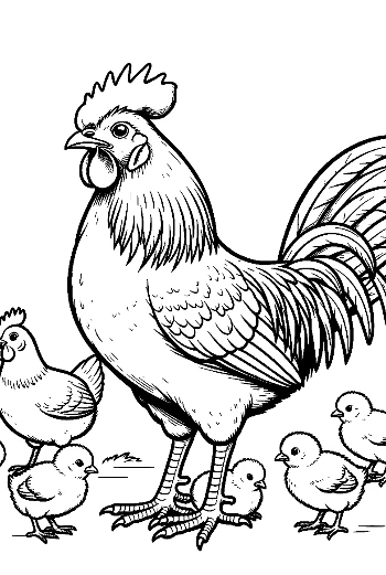Proud Rooster with Hens and Chicks