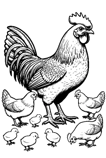 Proud Rooster with Hens and Chicks