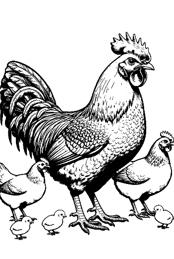 Proud Rooster with Hens and Chicks