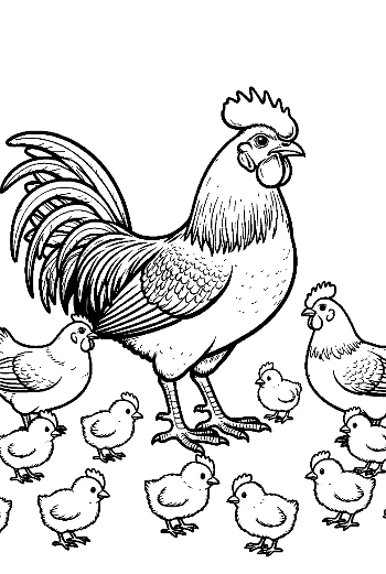 Proud Rooster with Hens and Chicks