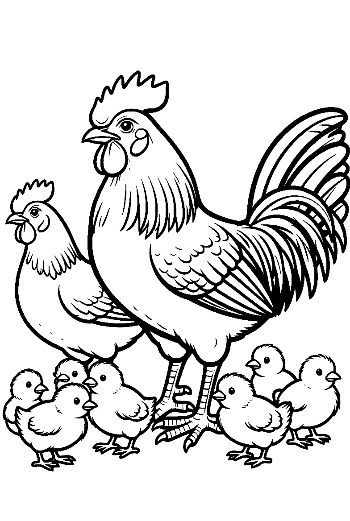 ไก่ตัวผู้และไก่ตัวเมียกับลูกไก่