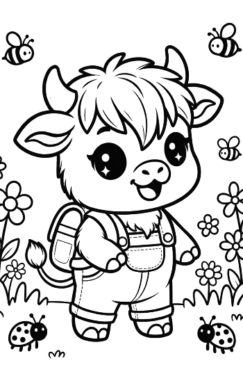 Adorable Highland Cow Calf Student with a Backpack Printable