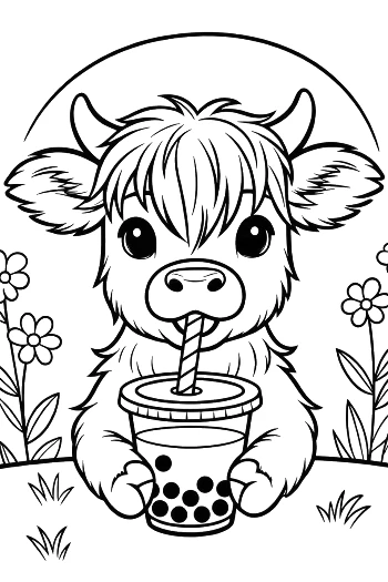 Adorable Highland Cow Calf with a Boba Tea Cup Printable