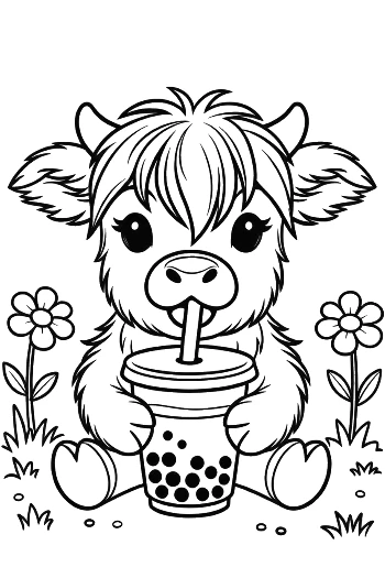 Baby Highland Cow Enjoying a Refreshing Boba Tea Printable