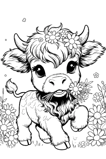 Baby Highland Cow with a Flower in Its Mouth Printable
