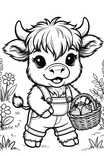 Cute Baby Highland Cow Gardener with a Flower Basket Printable