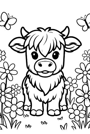 Cute Baby Highland Cow Sitting in a Flower Field Printable
