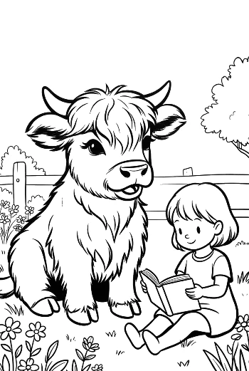 Cute Baby Highland Cow Sitting with a Little Girl Printable