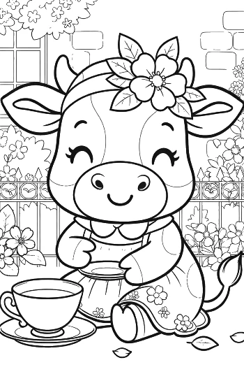 Cute Cow Wearing a Floral Hat at a Garden Party Printable