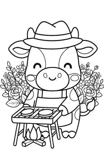 Cute Cow Wearing a Hat Standing by a BBQ Grill Printable