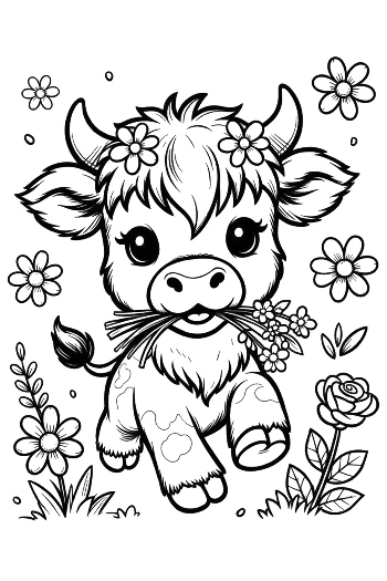 Cute Highland Cow Calf Wearing a Beautiful Flower Printable