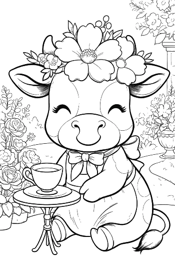 Happy Cow Sitting at a Table with Tea and Flowers Printable
