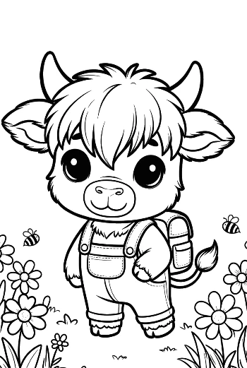 Highland Cattle Calf Explorer Wearing a Small Backpack Printable
