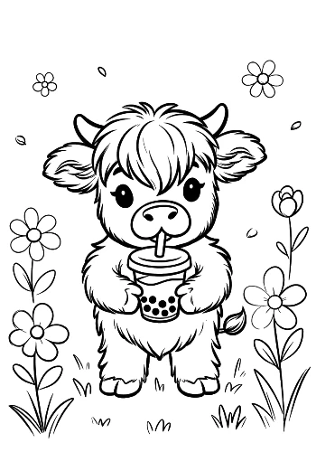 Highland Cattle Calf Sipping Boba Tea in Nature Printable