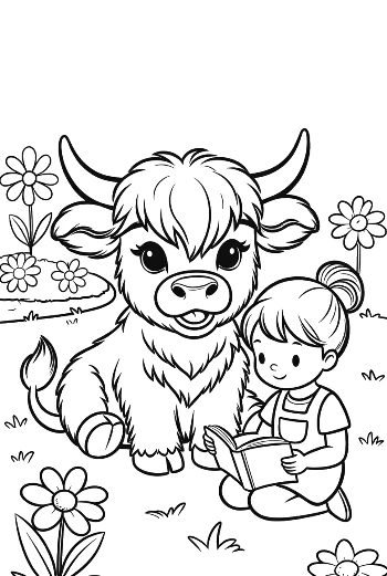 Highland Cattle Calf Sitting Peacefully with a Girl Printable