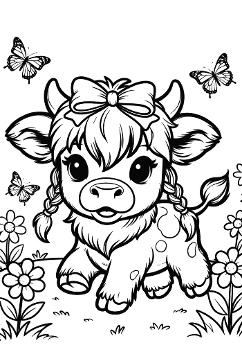 Highland Cattle Calf with Floral Decorations and Braids Printable