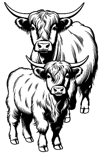 Highland Cow and Calf Line Art