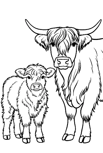 Highland Cow and Calf Outline Drawing