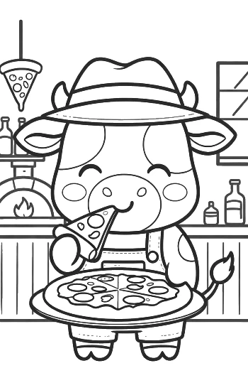 Holstein Cow Eating a Slice of Pizza in the Kitchen Printable