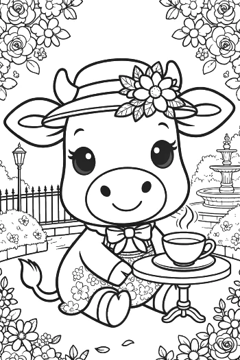 Holstein Cow Wearing a Sun Hat at a Tea Party Printable