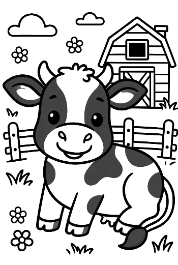 Sweet Baby Cow Standing in Front of a Big Barn Printable