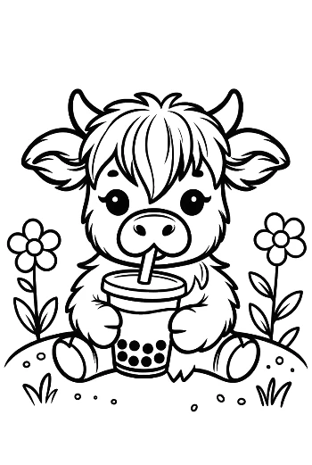 Sweet Baby Highland Cow with a Delicious Boba Drink Printable