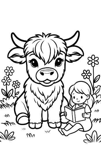 Sweet Highland Cattle Calf Playing with a Child Printable
