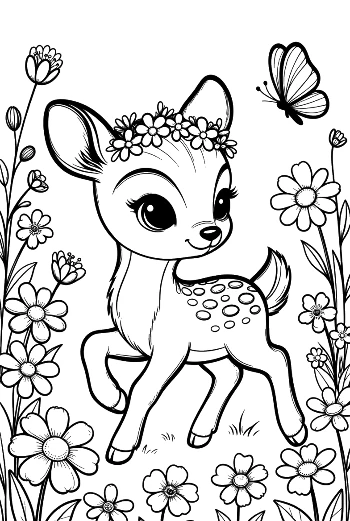 Adorable Deer with Flowers and Butterflies in the Field Printable