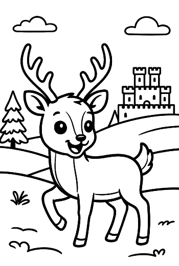 Buck with Antlers Standing Near a Castle on a Hill Printable