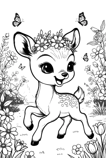 Happy Fawn with Flowers and Fluttering Butterflies Printable
