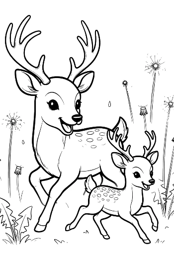 Protective Buck with Antlers Standing with a Tiny Fawn Printable