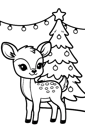 Sweet Fawn Standing Next to a Winter Holiday Tree Printable