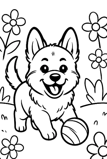 Becgie Puppy Guarding a Parked School Bus Educational Puppy Coloring Page Printable