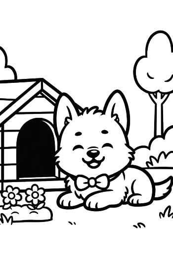 Becgie Puppy in a Sunny Meadow with a Rainbow Cute Animal Coloring Page Printable
